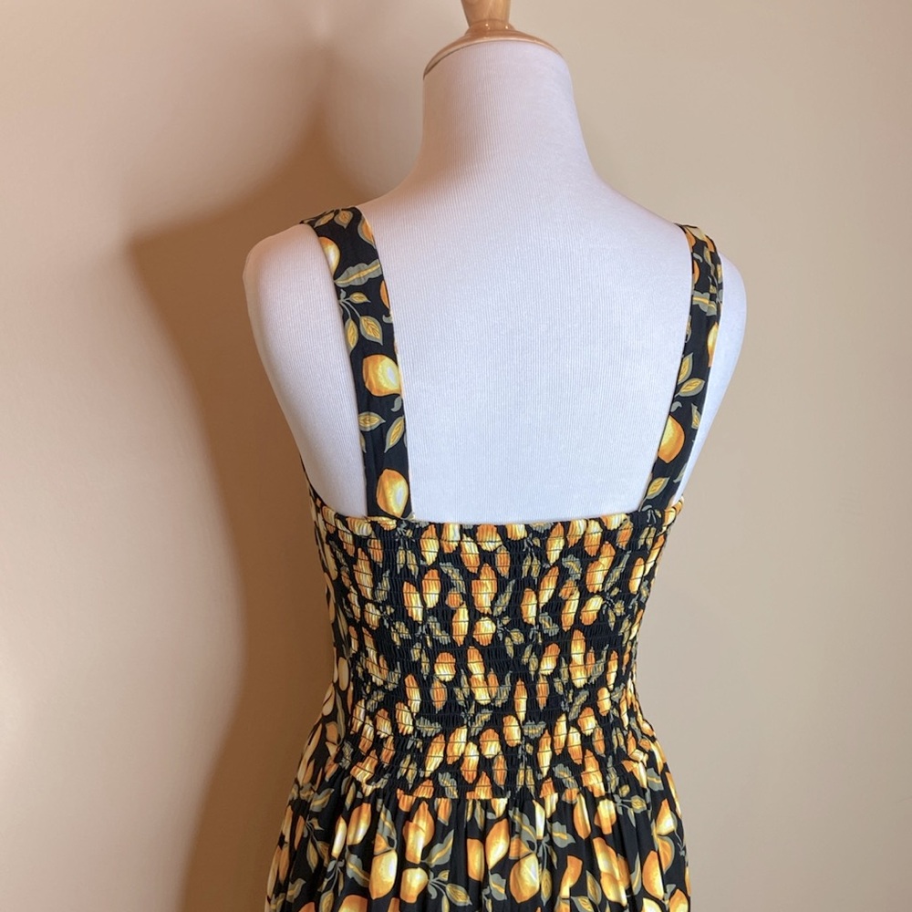 NWOT LOFT black w/🍋 jumpsuit, button front, elastic ruching back, size XS. CUTE
